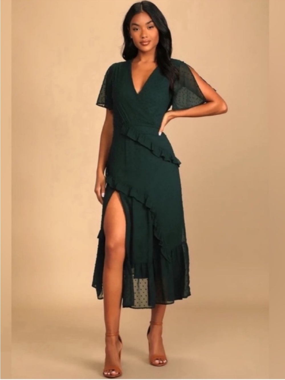 Lulus Next to You Midi Dress Sz XS Green Swiss Dot Tiered Ruffled Formal Event